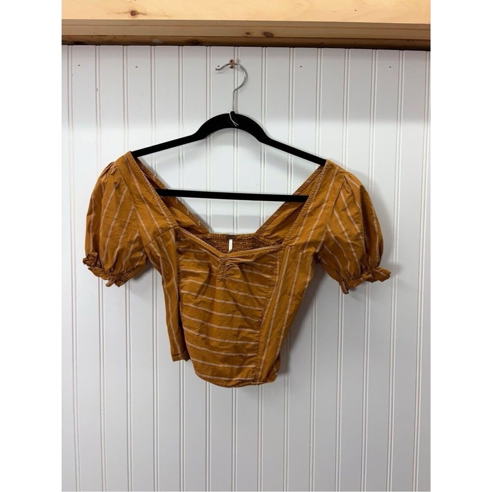 Free People sweetheart neckline Stripe Ruched Square-Neck Puff Sleeve Crop Top